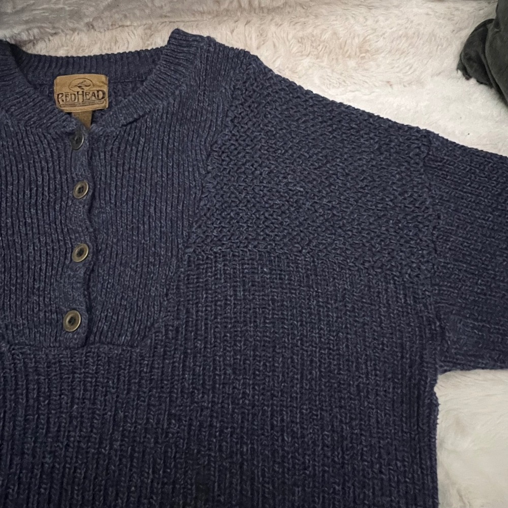 Red Head Men's Blue Knit Cotton Henley Fisherman Sweater Sz L Vintage Y2K Casual - Picture 7 of 12
